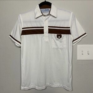 Vintage‎ 80s Wind Jammer Polo Shirt White and Brown Stripes Small Rockabilly Mod